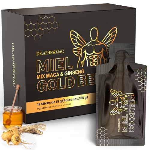 Miel Aphrodisiaque Puissant – 12 sticks pratiques de 15 g – Maca & Ginseng – Saveur douce, texture soyeuse – Une expérience authentique et distinguée...