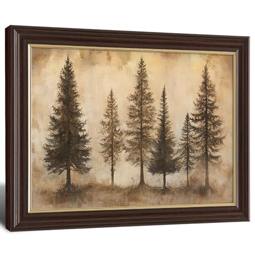 Image of Antique Brown Framed Pine Tree Wall Art, Vintage Neutral Tone Forest Prints, Rustic Woodland Wall Decor Paintings for Living Room Bedroom Farmhouse
