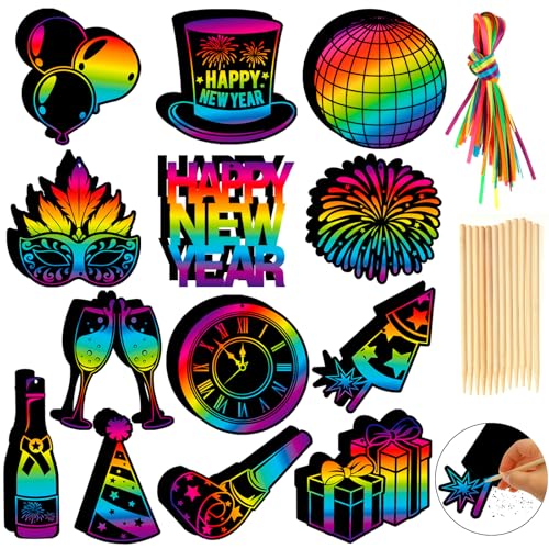 HOWAF 36 Papel de Rascar Nochevieja 2025 Scratch Art para Niños, Happy New Year Papel de Rascar Scratch Art Feliz Año Nuevo 2025 Regalo para Decoracion Nochevieja 2025, Cotillon Fin de Año 2025