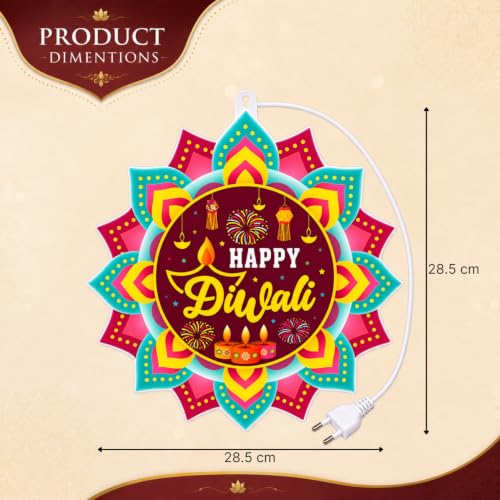 Image of One94Store Happy Diwali Door Hanging Decoration with LED Lights | Illuminated Lotus Rangoli & Diya Wall Decor, Indian Festival of Lights Hanging for Door, Home, Living Room, Office & Party Decor