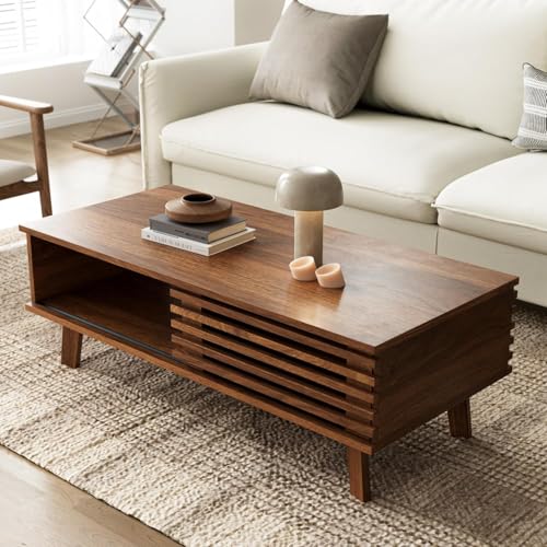 Image of Furniway Mid Century Living Room Table Set of 4, Coffee Table, TV Stand and 2 End Tables with Sliding Door Storage, Walnut