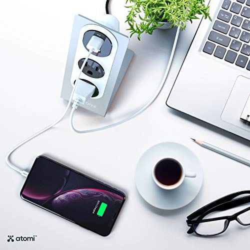 Atomi Desktop Surge Protector - 2-Outlet Power Strip, 2 Usb Charging Ports, Ai Rapid Charge For Phones, Tablets, Laptops, Cameras And More, Durable, Heavyweight Metal - Silver #TOP5