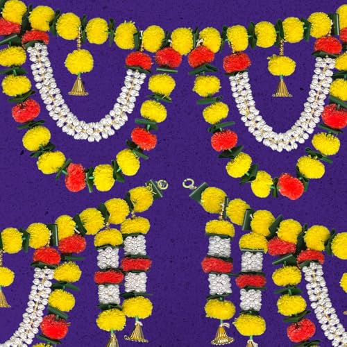 Image of iHandikart Handmade (40 * 12 Inch) Jasmine & Marigold Bandanwar with Green Leaves and Golden Bells Traditional Door Bandanwar for Makar Sankranti, Lohri, Festive Home & Housewarming Decor (B0070)