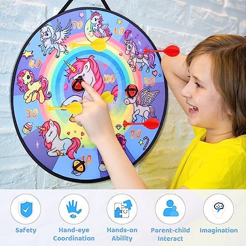 26 Inches Double-sided Foldable Kids Dart Board Set, Maomaoyu Velcro Dart Board for Party Garden Games for Kids with 12 Velcro Balls, Outdoor Toys & Gifts for 5 6 7 8 9 10 11 12 Year Old Boys, Unicorn - Image 2
