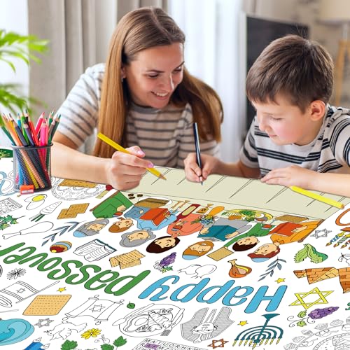 Image of Happy Passover Large Coloring Tablecloth Poster for Kids, Pesach Jumbo Coloring Paper Poster Sheets, Passover Color-in Craft Activities for Kids Festive Seder Party Supplies Decorations, 30 x 72Inch