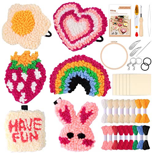 Pllieay 6Pcs Punch Needle Coasters Kit, Punch Needle Rug Coasters Keychains Hair Rope, Easy Punch Needle Kit For Beginners With Adhesive Felt, Punch Needle Tools For Diy Punch Needle Embroidery Crafts #TOP18