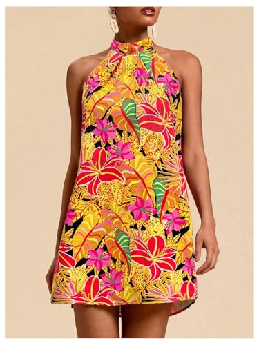 Image of Floerns Women's Sleeveless Floral Print Sundress Halter Neck A Line Short Dress