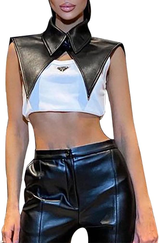 Women's Steampunk Leather Lapel Wraps with Choker Neck Button Motorcycle Crop Top Armour Epaulet Shoulders Shrug Armor