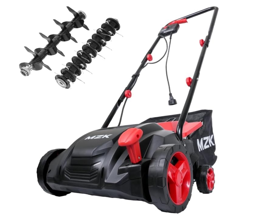 MZK 13-inch 2-in-1 Electric Dethatcher and Scarifier w/Removeable 4-Position Height Adjustment,Lawn dethatcher w/8-Gallon Thatch Collection Bag,Keep Lawn Health