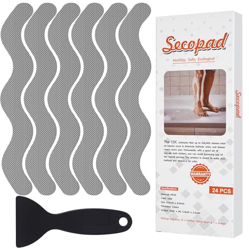 Secopad Anti Slip Shower Stickers, Adhesive Decals Safety Strips with Scraper for Bath Tub, Shower Floor, Stairs, 24 Pieces (Gray)
