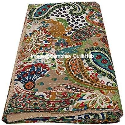 Queen/Twin/King Quilting Indian Handmade Paisley Print Kantha Quilt Cotton Kantha Blanket Bed Cover Sofa Cover Kantha Bedspread Bohemian Bedding (60X90 inch)