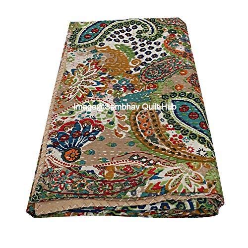 Colcha reversible con estampado de paisaje, tamaño King, tamaño doble, diseño de Gudri Kantha, tamaño doble, estampado floral y paisano, funda de sofá de punto kantha (beige, King 90108 pulgadas)
