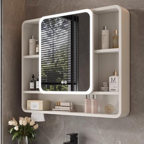 Armario Espejo Baño con LED luz y Estantes, Mueble Espejo Baño inteligente con luz LED de 3 colores, espejo tocador pared grande y estantes almacenamiento, regulable sin niveles, antivaho, irrompible(