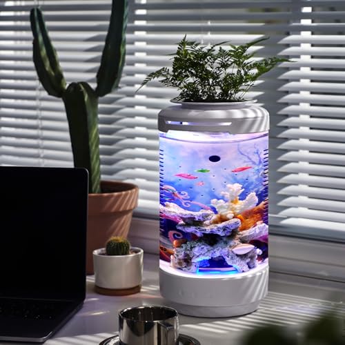 Image of Small Fish Tank 1.2 Gallon Aquarium Starter Kit Desktop Mini Fish Bowl Small Betta Fish Tank with Plant Pot (Coral Reef)