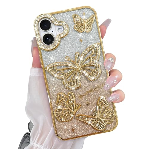 Elzzi Newest Electroplated Butterfly Phone Cover for iPhone 16 Case, Showcasing Pearlescent Diamond Soft TPU, Camera Protection, Dropresistant Stylish for Girls & Women (Gold)