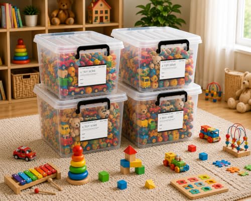 Image of Storite 4 Pack 27L Plastic Storage Box with Lid & Wheels|Kids Toys Organizer Bin|Clear Multipurpose Storage Container for Clothes, Books, Games, Bedroom, Playroom, Classroom & Office|44 x 33 x 25 cm
