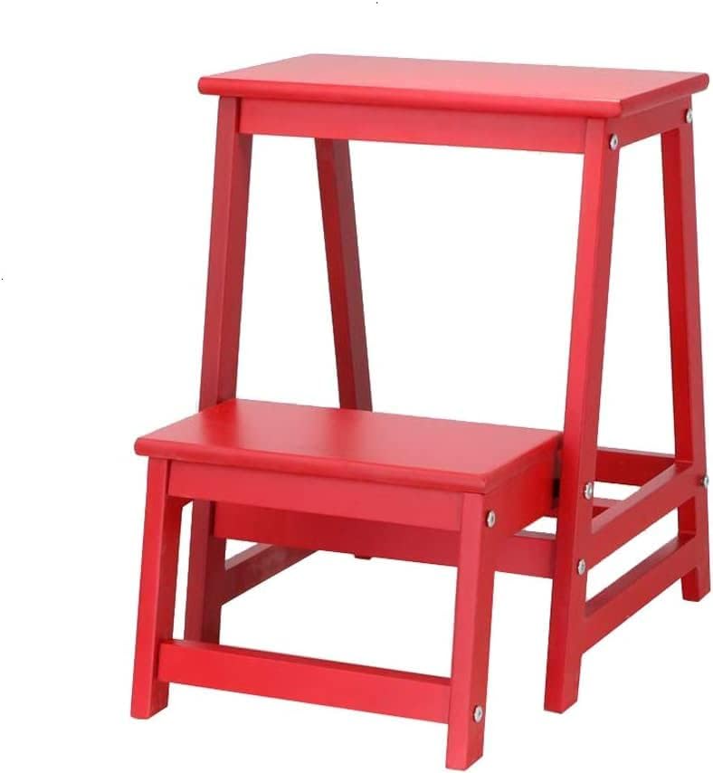 OKUOKA Wooden 2 Steps Step Stool Multifunction Stepladders Ladder Bench Household Shelf -M03N (Color : Red)