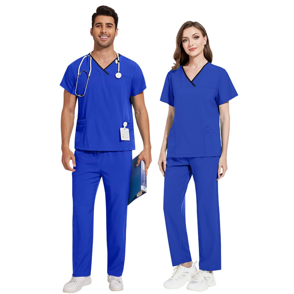 Scrub Set Unisex Medical Uniforme Set Poliestere Traspirante Asciugatura Rapida Anti Pilling Workwear con 4 Tasche Top Stretch Pants DK51