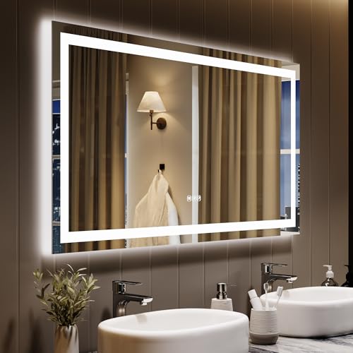 Image of GarveeHome 50x26 LED Bathroom Mirror with Lights, Dimmable, Anti-Fog, Backlit + Front Lit, Smart Bathroom Vanity Mirror for Wall, Memory Function, Shatter-Proof (Horizontal /Vertical)