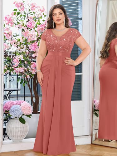 Image of MISSMAY Women's Plus Size Bridesmaid Formal Dresses V Neck Sequin Lace Mermaid Wedding Evening Gowns Dresses