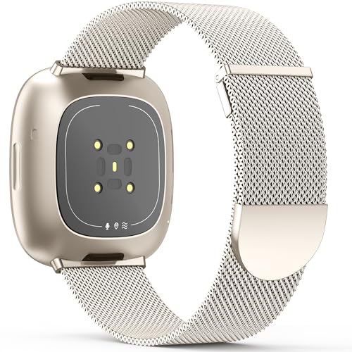 Higgs Replacement Strap Compatible with Fitbit Versa 3/Fitbit Versa 4/Fitbit Sense/Sense 2 Wristband for Men and Women Dual Magnetic Adjustable Smooth Stainless Steel Metal Bracelets for Fitbit 20