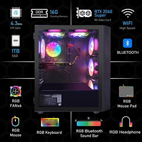 Stgaubron Gaming Desktop Pc,Intel Core I5-10400F Up To 4.3G,Geforce Rtx 2060 Super 8G Gddr6,16G Ddr4,1T Ssd,Wifi,Bt 5.0,Rgb Fan X6,Rgb Keybaord&Mouse&Ms Pad,Rgb Bt Sound Bar,Rgb Bt Gaming Mic,W11H64 #TOP3
