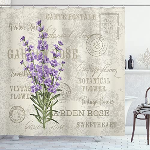 Ambesonne Lavender Shower Curtain, Vintage Postcard Composition Grunge Display and Flowers, Cloth Fabric Bathroom Decor Set with Hooks, 69