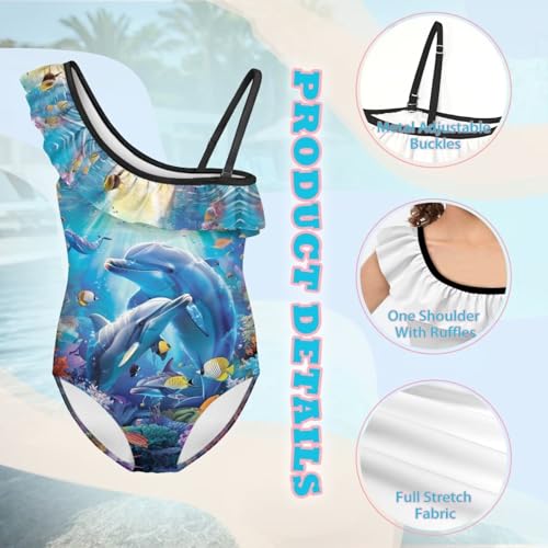 Image of Xpyiqun Swimsuits for Girls 3-14 1-Shoulder Ruffle Bathing Suit One Piece Adjustable Halter Swimming Wear