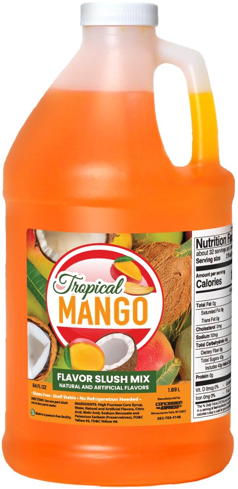 Concession Express® – Tropical Mango Slush Mix, Slushy & Slushie Premium Syrup – Use in Drink, Slush & Granita Machines – 64 oz (Half Gallon) – Perfect for Frozen Treats for Home and Commercial use, Fairs & Carnivals, Parties, Events and More!