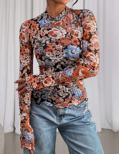 PRETTYGARDEN Womens 2025 Fall Mesh Floral Blouses Long Sleeve Going Out Tops Slim Fitted Shirts Date Night Outfits4
