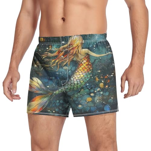 Fantasy Mermaid Teal Men's Cotton Boxer Shorts Pajama Bottoms Sleep Shorts Underwear with Button Fly3