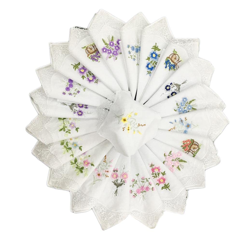 Cotton Handkerchiefs Set of 12 Floral Embroidered White Pocket Hankies 11x11 Inch Lace Trim Soft Absorbent Kerchiefs for Women Wedding Bridal Shower Gift-image-34