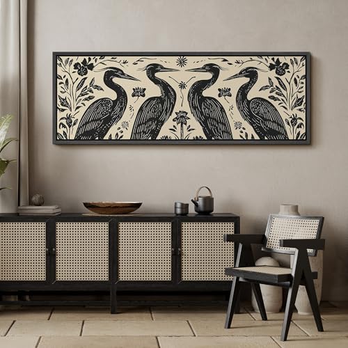 Image of MUDECOR Large Framed Canvas Print Wall Art Folk Art Heron Birds Floral Black and Cream Antique Retro Ready to Hang Painting for Living Room Bedroom Multi-Sizes - 60 inchx20 inch