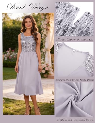 Image of GRACE KARIN Formal Wedding Guest Dress Sequin Mother of The Bride Dresses | Two Piece,3 /4 Sleeve,Tea Length,Crew Neck,Fit and Flare,Chiffon,Suitable for Spring /Summer /Fall /Winter /Cocktail /Party /Prom