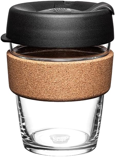 KeepCup BCBLA12 Brew, Reusable, Tempered Glass Cup with Cork Band, 12 Ounces, Black