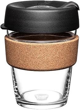 KeepCup Brew Cork - 12oz/340ml Tempered Glass Reusable Coffee Cup/Travel Mug, Natural Cork Band with Splashproof Press Fit Lid - Black
