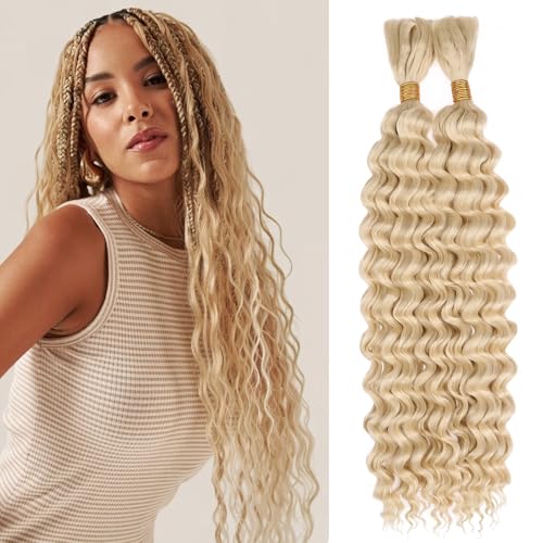 Leeven Curly Braiding Hair for Boho Braids 18 Inch 2 Bundles 613 Blonde Deep Water Wave Bulk Synthetic Hair No Weft Long Wet and Wavy Braiding Hair for Women