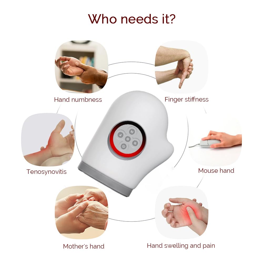 Handmassagegerät mit Heiz- und Druckfunktion, Finger Handgelenkmassagegerät | 3 Massage- und 5 Kompressionsstufen sowie 3 Temperaturstufen, kabelloses elektrisches Handmassagegerät