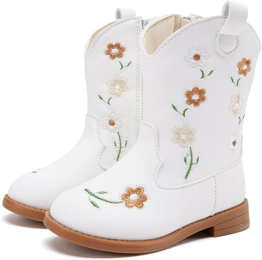 BMCiTYBM Toddler Girls Cowgirl Boots Little Kids Mid Calf Western Flower Cowboy Pointed Toe Riding Shoes All Season