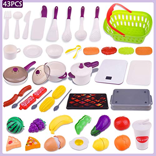 43PCS Kitchen Playset Pretend Toy ,Kids Kitchen Toy Pressure Pot and Electric Induction Cooktop Pan Cooking Set Toy with BBQ, Cutting Fruit, Shopping Basket ,Toy Cutlery for Kids Girls Boys Toddlers
