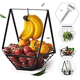 Fruit Bowl with Banana Hanger - Detachable Fruit Basket Stand Holder, Wire Vegetable Holder for Kitchen Counter (Black, Metal)