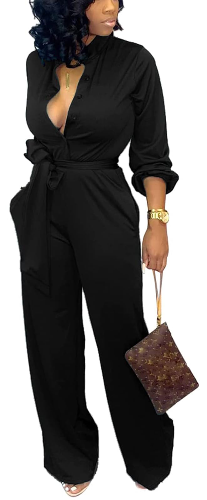SxClub Jumpsuits for Women Formal Sexy Elegant Long Straight Pants Busineess Party Jumpsuit with Belt Pockets