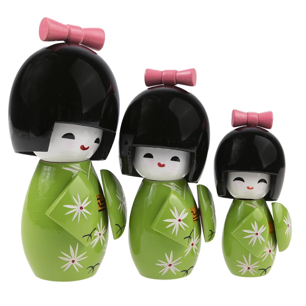 lachineuse - Trio Kokeshi giapponesi - Bambole giapponesi in legno - Kimono verde e fiori di ciliegio - Statuine decorative giapponesi - Idea regalo originale per decorazioni asiatiche