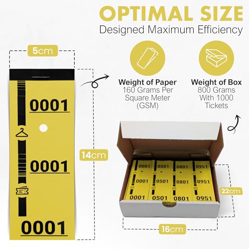 1000 gelbe Garderoben-Tickets – nummeriert 1 bis 1000 – 3-teilig perforiert – 160g Papier – 20 Blöcke à 50 – ideal für Events, Tombola, Garderobe, Verlosung – 5x14cm