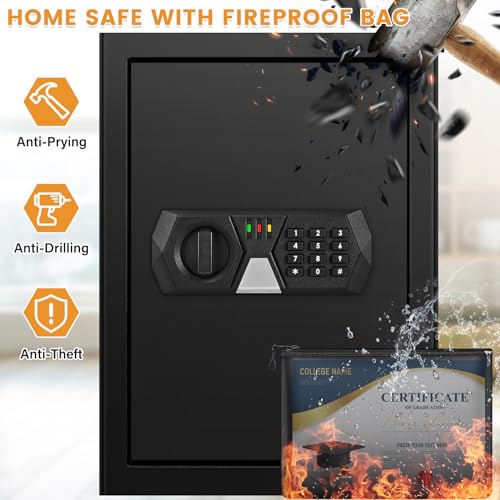 3.0Cuft Safe Box, Home Safe with Fireproof Waterproof Bag, Anti-Theft Digital Security Document Safes with Keypad Key, Mute Mode, Alert System, Personal Electronic Money Safe for Cash Medicine Jewelry