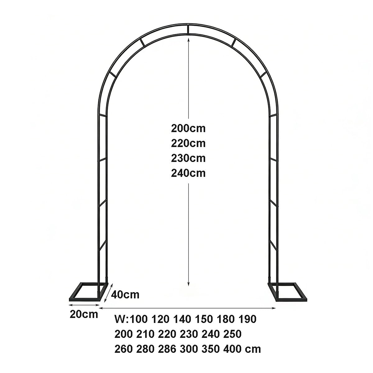 Zewnętrzny łuk ogrodowy krata do roślin pnących, wodoodporna pergola na róże i dekoracje ślubne, zdejmowana podstawa 240 cm wysokości x 240 cm szerokości (czarna)