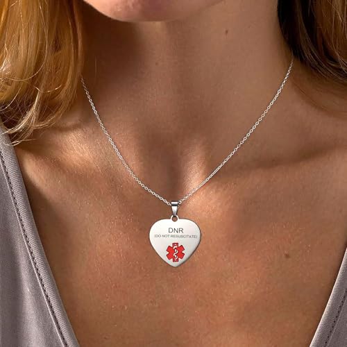 COMTRUDE Medical Alert NecklaceFor Women DNR ID Necklace Adjustable Stainless Steel Dog Tag Chain Shape Engraved Jewelry Heart DNR