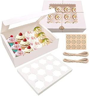 MAMUNU 10PCS 12 Cavity Cupcake Boxes with Window and Inserts, Kraft Bakery Cookie Boxes Cupcake Containers with Stickers and Twine String (White, 12 Holes)