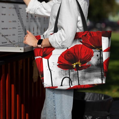 Sac de plage imprimé pavot : grand sac fourre-tout à bandoulière pour femme