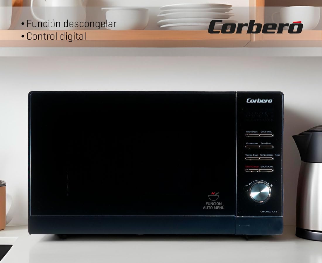 Corberó - Microondas Convección | CMICM9023DCB | 23L | 900W | Con Grill | 6 Niveles Potencia | Auto Menú | Descongelar | Control Digital | Plato Giratorio | Negro/Inox